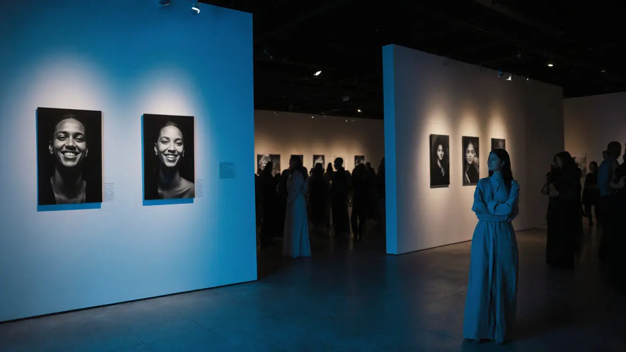 Yasmeen observing her art exhibition &#039;Not Just a Face&#039; in a Dubai gallery, surrounded by portraits of women.