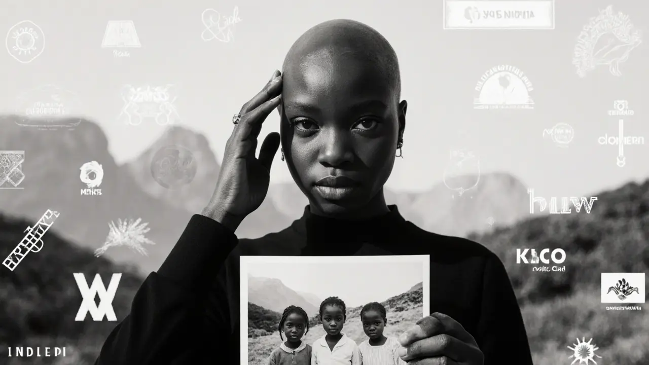 Zara Nkosi looking directly at the camera, touching her scalp, with images of girls faintly behind her.