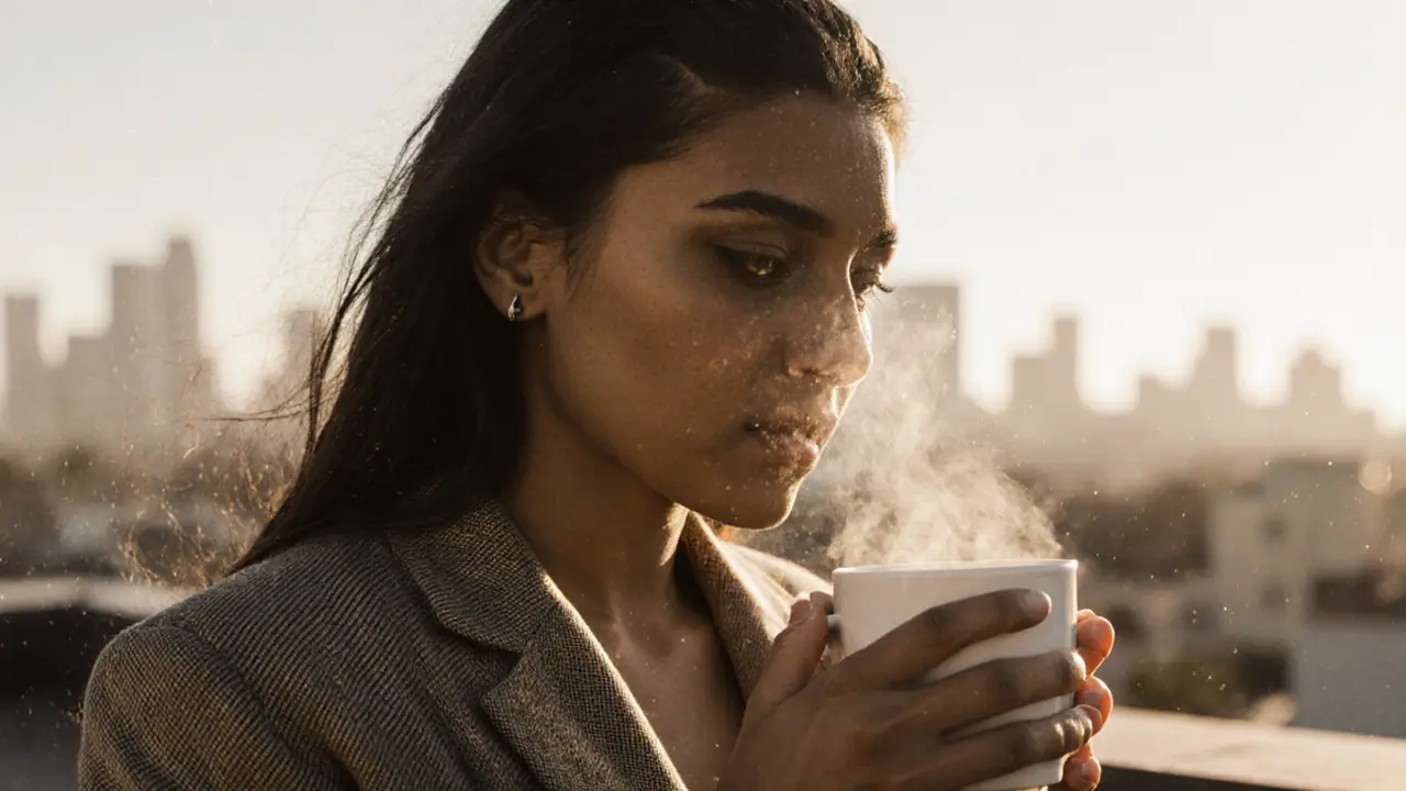 Zendaya on a rooftop in LA, holding coffee in a blazer, messy hair, natural light, raw and unfiltered.