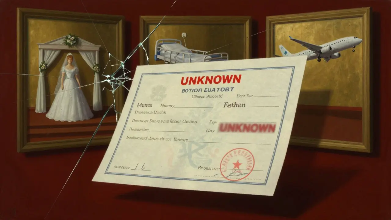 A birth certificate showing only the mother's name, father marked 'UNKNOWN', with symbolic paths behind.