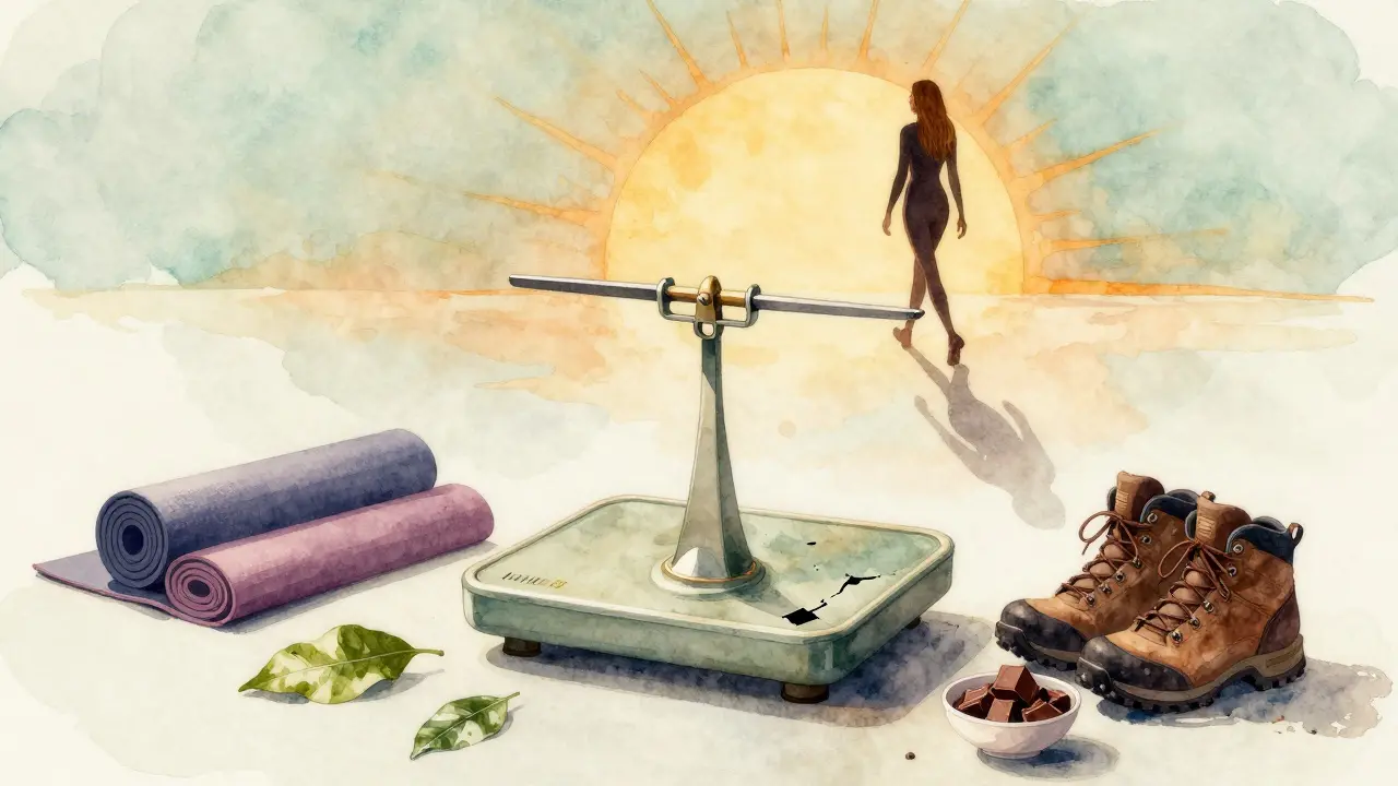A broken scale surrounded by symbols of health—yoga mat, chocolate, hiking boots—while Gisele walks toward the sun.