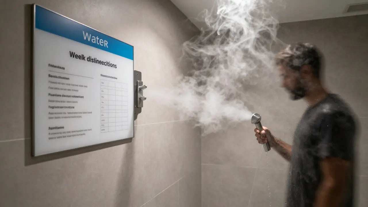 A clean steam room with hygiene signs, while mold and bacteria are being washed away by steam jets.