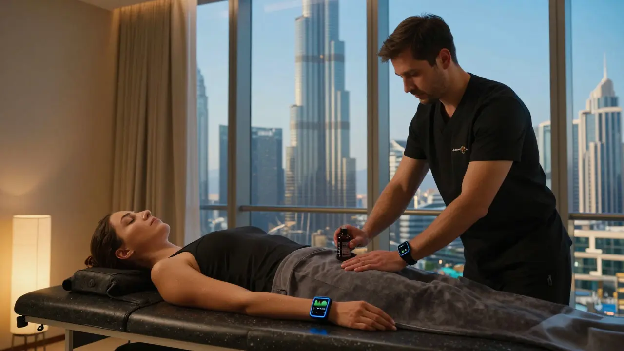 A client receiving a deep tissue massage in a high-tech spa suite, with a wearable device displaying real-time stress metrics and the Burj Khalifa in the background.