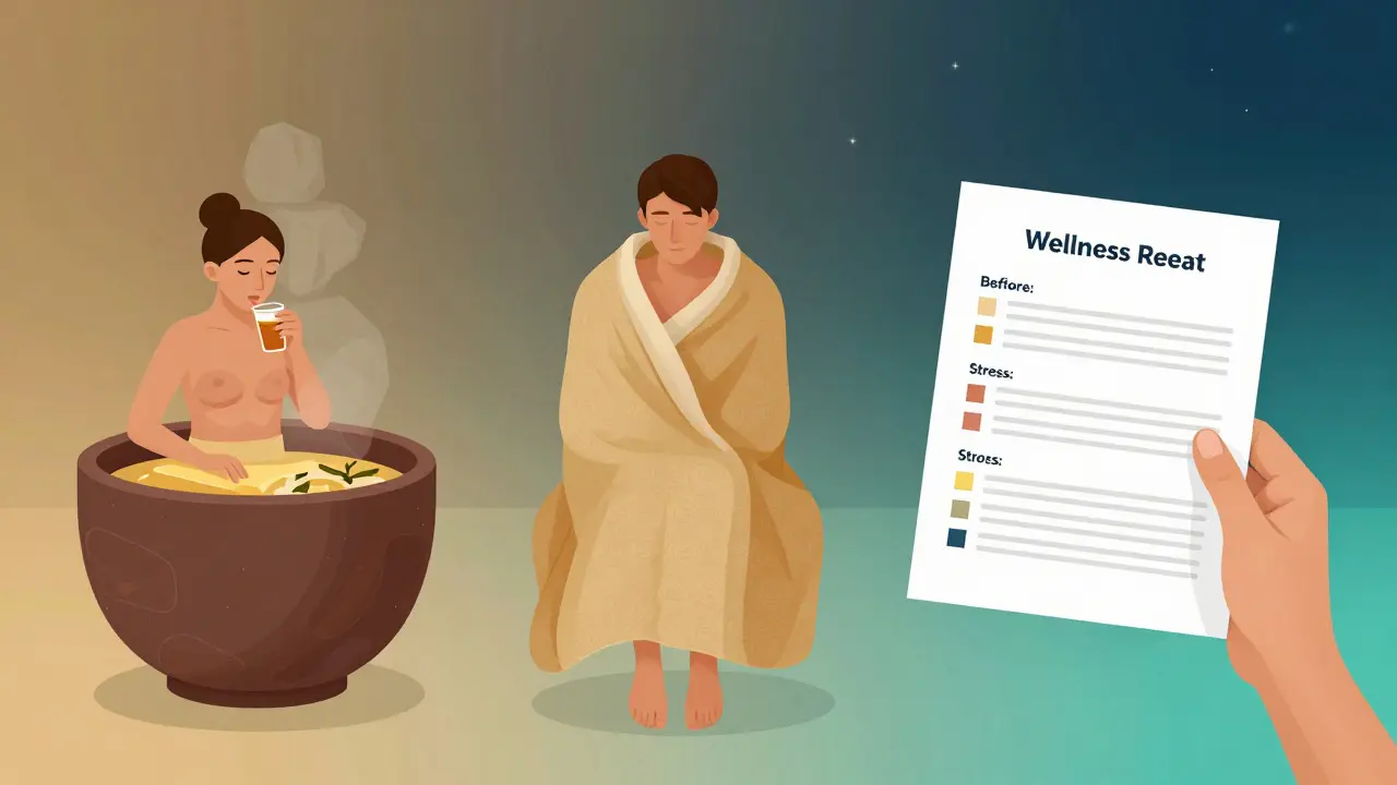 A conceptual sequence showing a wellness journey: herbal tea, thermal wrapping, and a printed stress report, all blending into serene gold and teal tones.