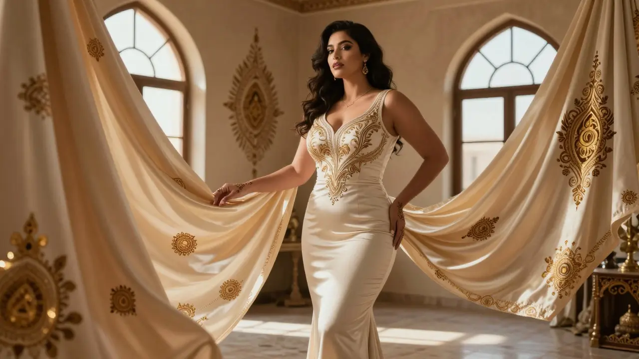 A curve model posing in a luxurious Emirati atelier, sunlight highlighting her elegant silhouette and silk fabrics.