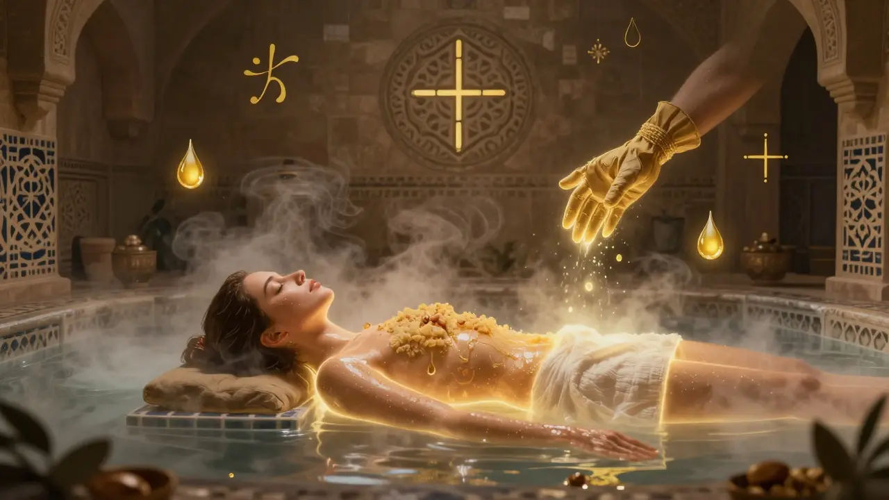 A glowing figure emerges from steam in a spiritual hammam ritual, surrounded by floating cultural symbols.