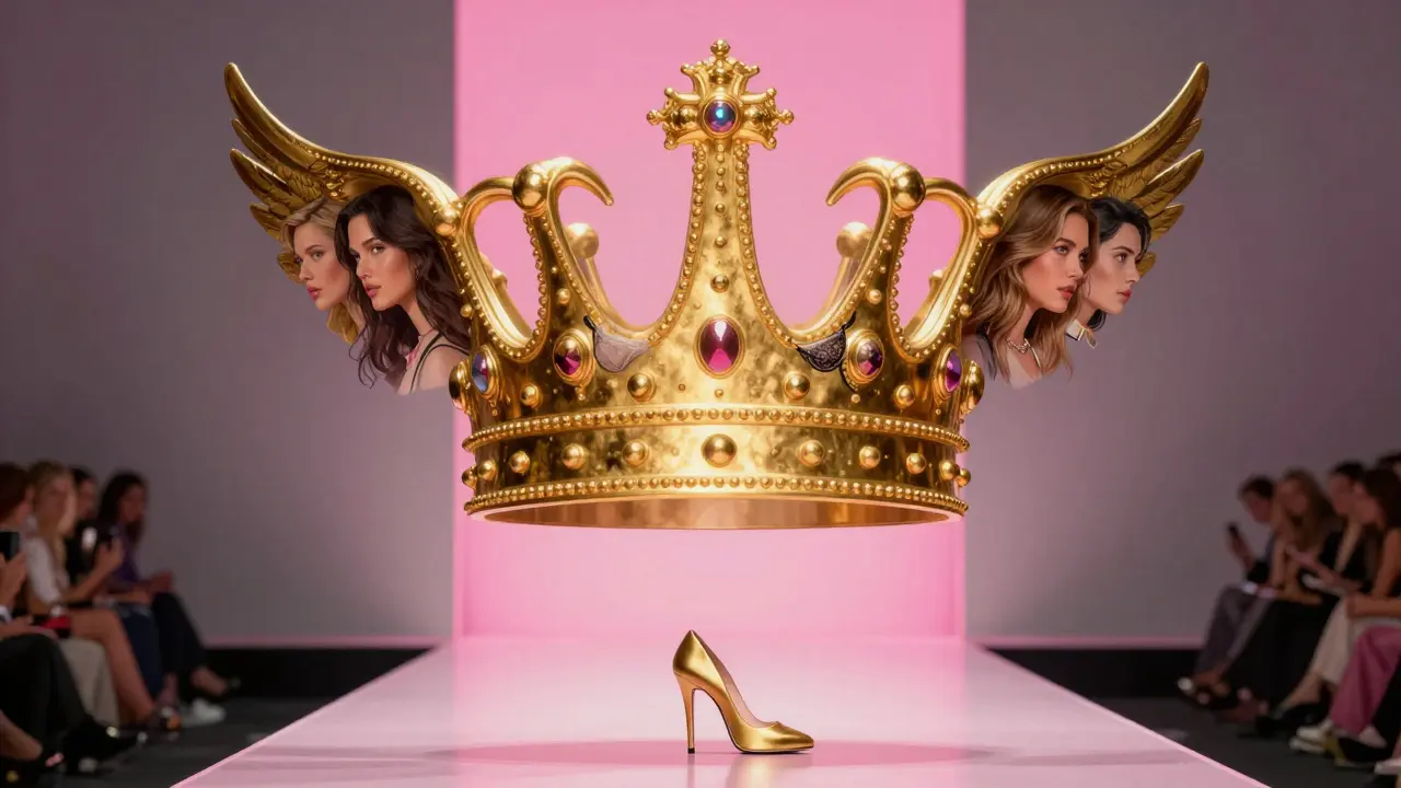 A golden crown made of wings and bras hovers above an empty runway, symbolizing the end of the Victoria's Secret Angel era.