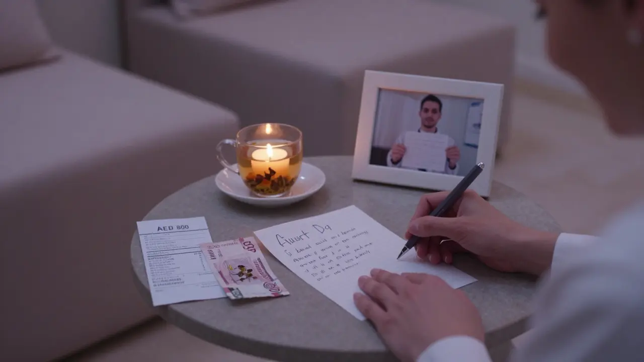 A guest writing a thank-you note in a calm spa lounge, with a tip and receipt nearby.