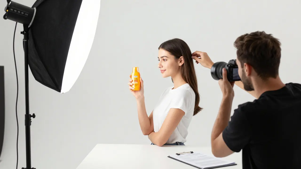 A model being photographed in a studio for a commercial ad, with lighting and stylist nearby.
