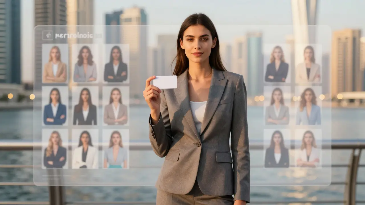 A model in Dubai Marina holding a comp card, with her portfolio images subtly projected behind her.