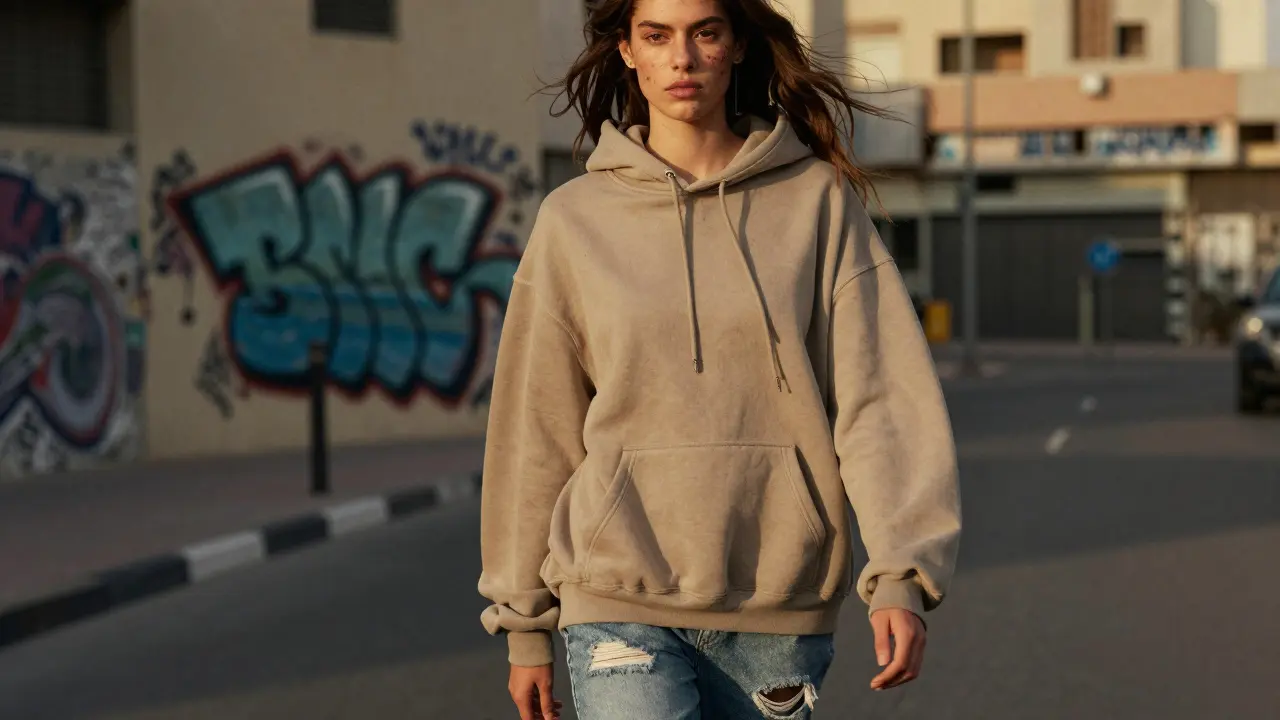 A model with post-acne scars walks through a Dubai street in streetwear, golden hour light highlighting her raw, unfiltered look.