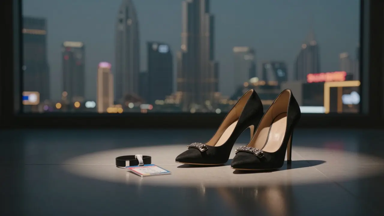 A pair of high heels and a wristband on a mirrored floor, symbolizing a woman's choice to enjoy nightlife safely.