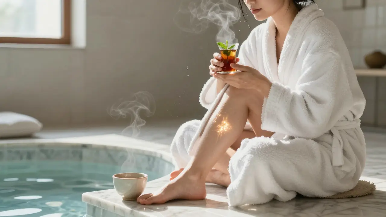 A person relaxes in a white robe, sipping mint tea after a hammam session, skin glowing with renewal.