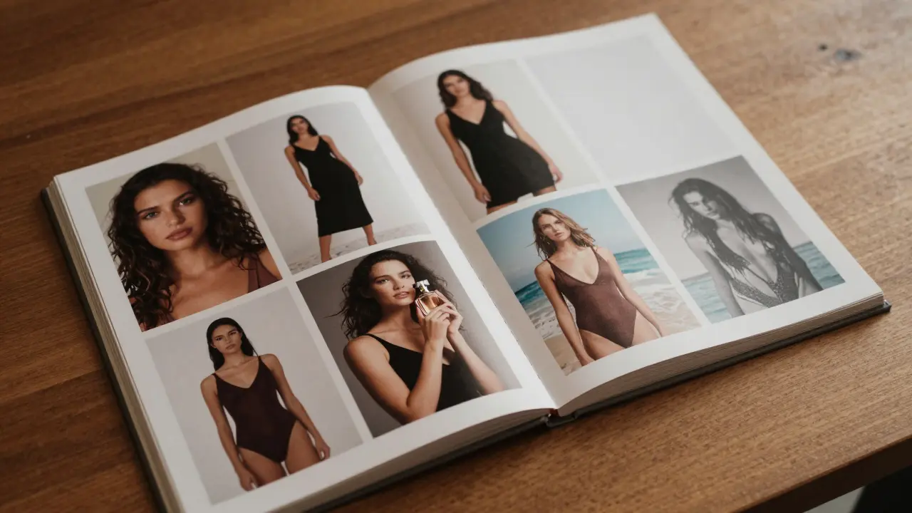 A printed modeling portfolio open to 10 high-quality photos on a wooden table, rest of pages blank.