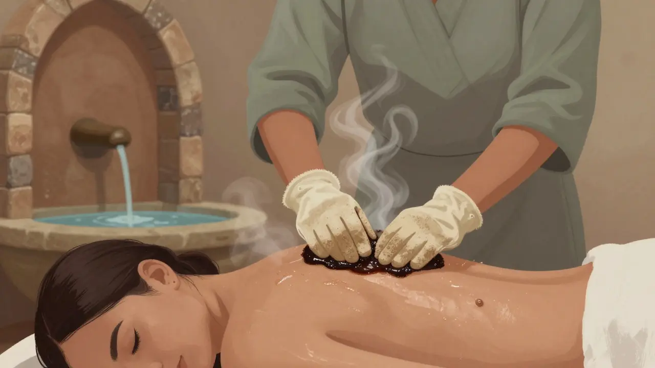 A skilled attendant scrubs a client&#039;s back with a rough mitt in a warm, steam-filled hammam room.