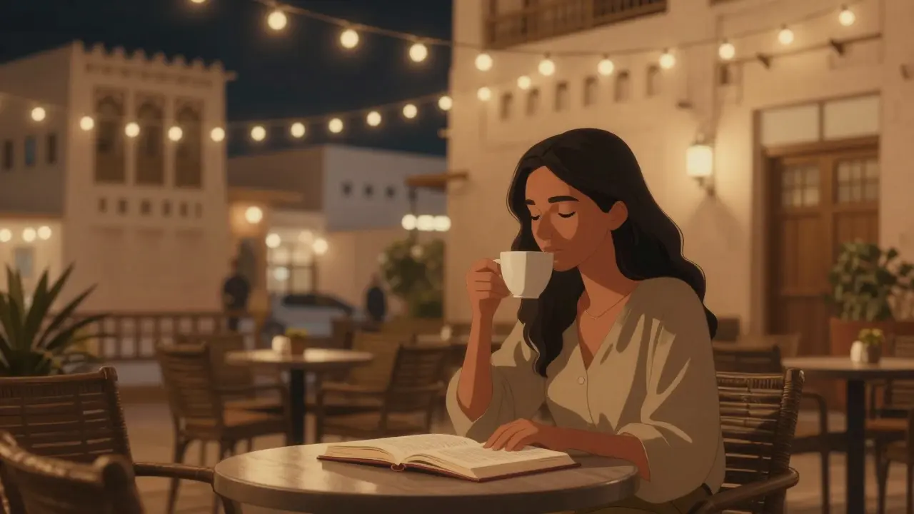 A solo woman reads at a quiet outdoor café in Al Seef under warm string lights at night.