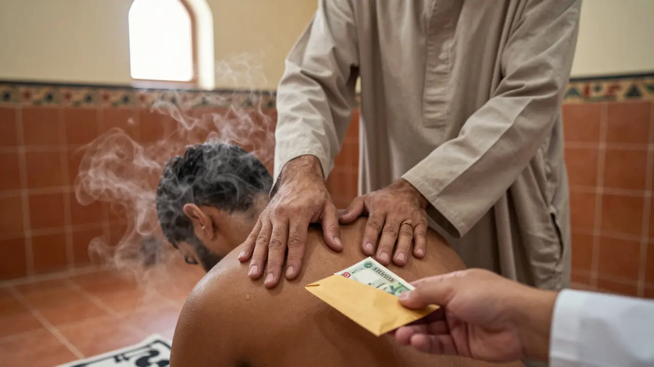 A therapist&#039;s hands massaging a client in a steamy traditional hammam, receiving a cash tip.