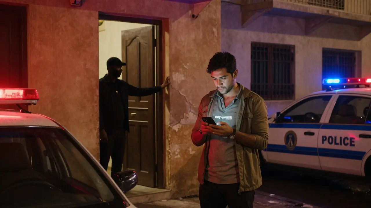 A tourist standing nervously outside an unlicensed apartment building at night, with police lights reflecting nearby.