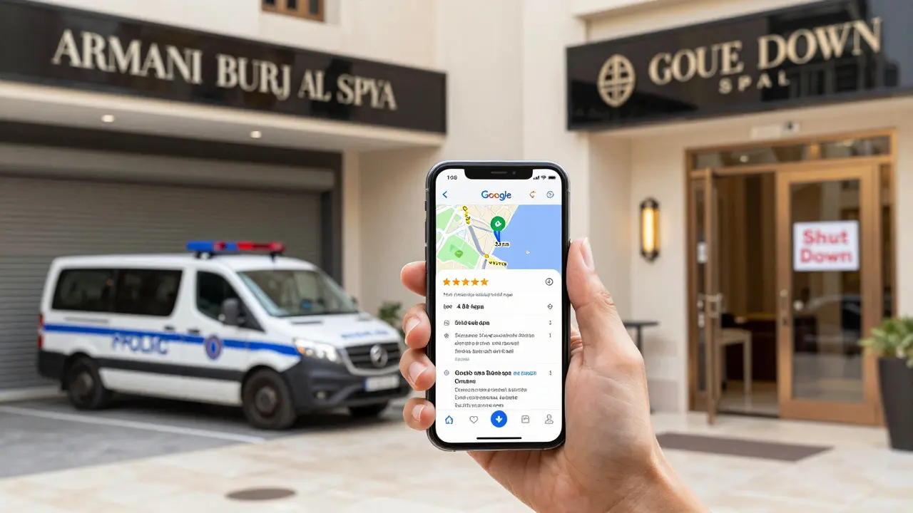 A tourist using a smartphone to check a highly-rated spa while standing outside a luxury hotel spa, with a police van nearby at a closed illegal shop.