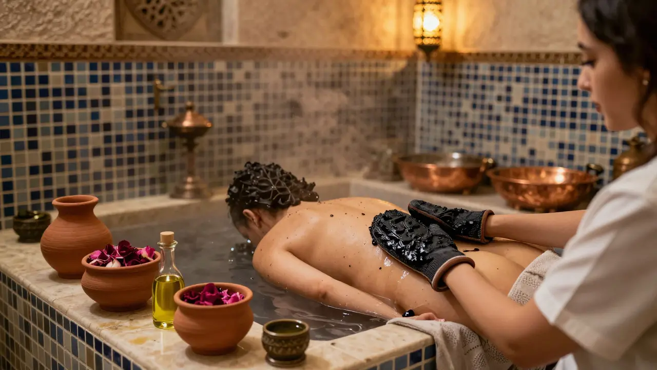 A woman receiving a traditional hammam scrub in a steamy tiled chamber.