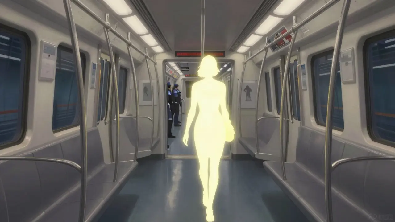 A woman sits alone in a brightly lit Dubai Metro women-only carriage late at night, tunnel lights passing by.