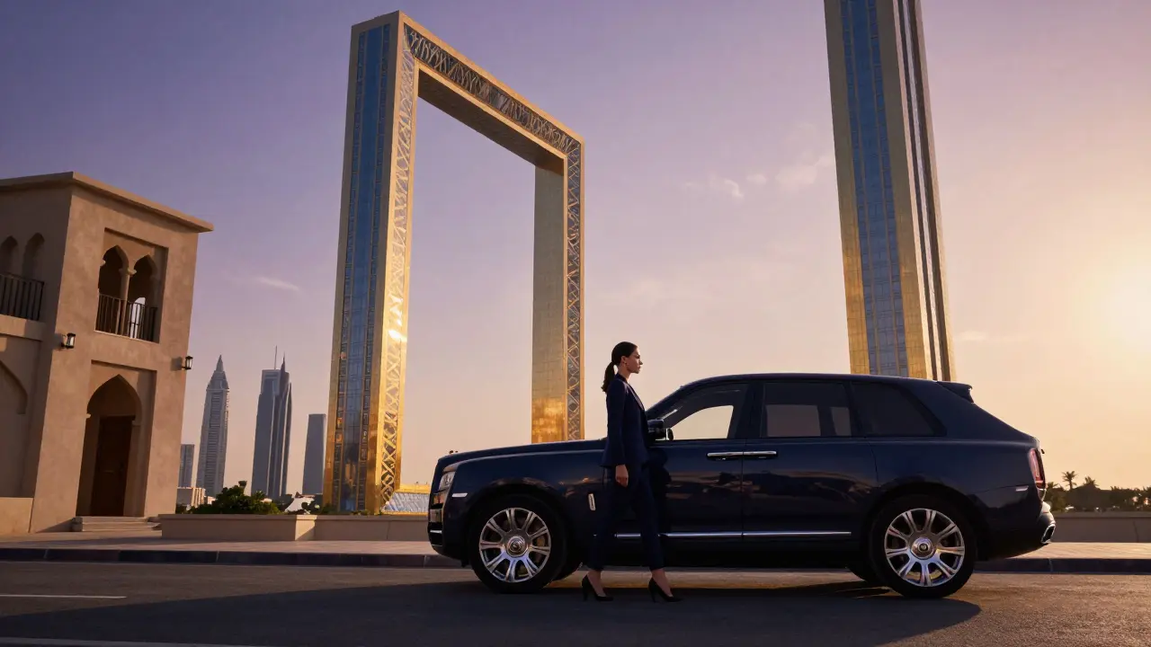 A woman steps out of a luxury SUV near the Dubai Frame, which frames contrasting views of old and new Dubai under twilight sky.
