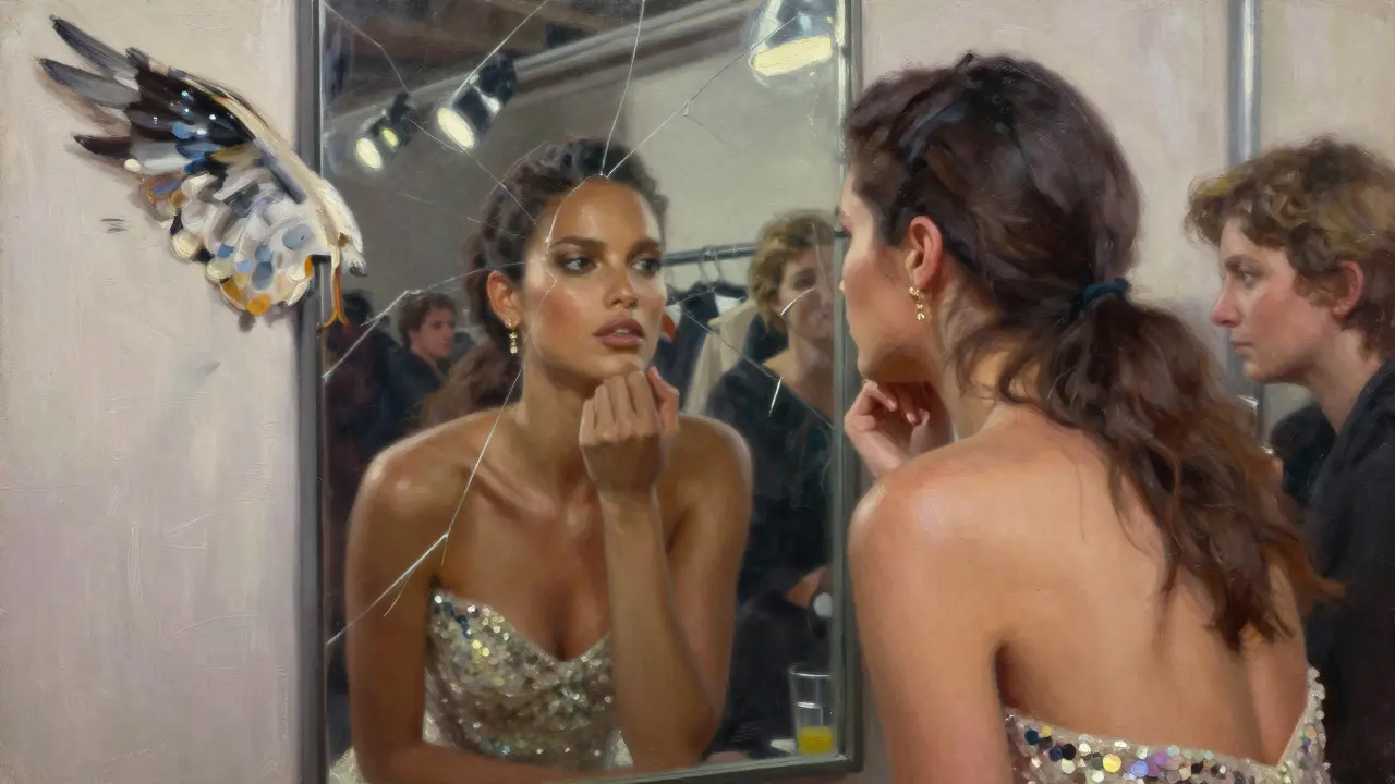 Adriana Lima reflecting backstage after her final show, surrounded by fading glamour and discarded wings.