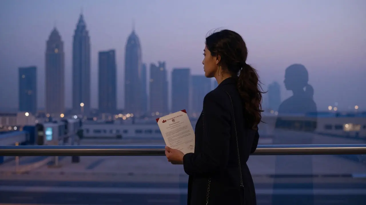 An expat woman holding a foreign marriage certificate at Dubai airport, gazing at the city skyline.