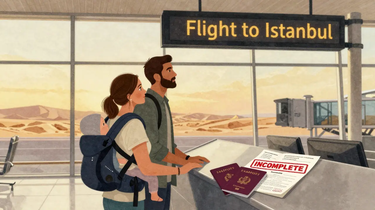 An unmarried couple at Dubai airport, woman with baby, man behind her, flight to Istanbul displayed.