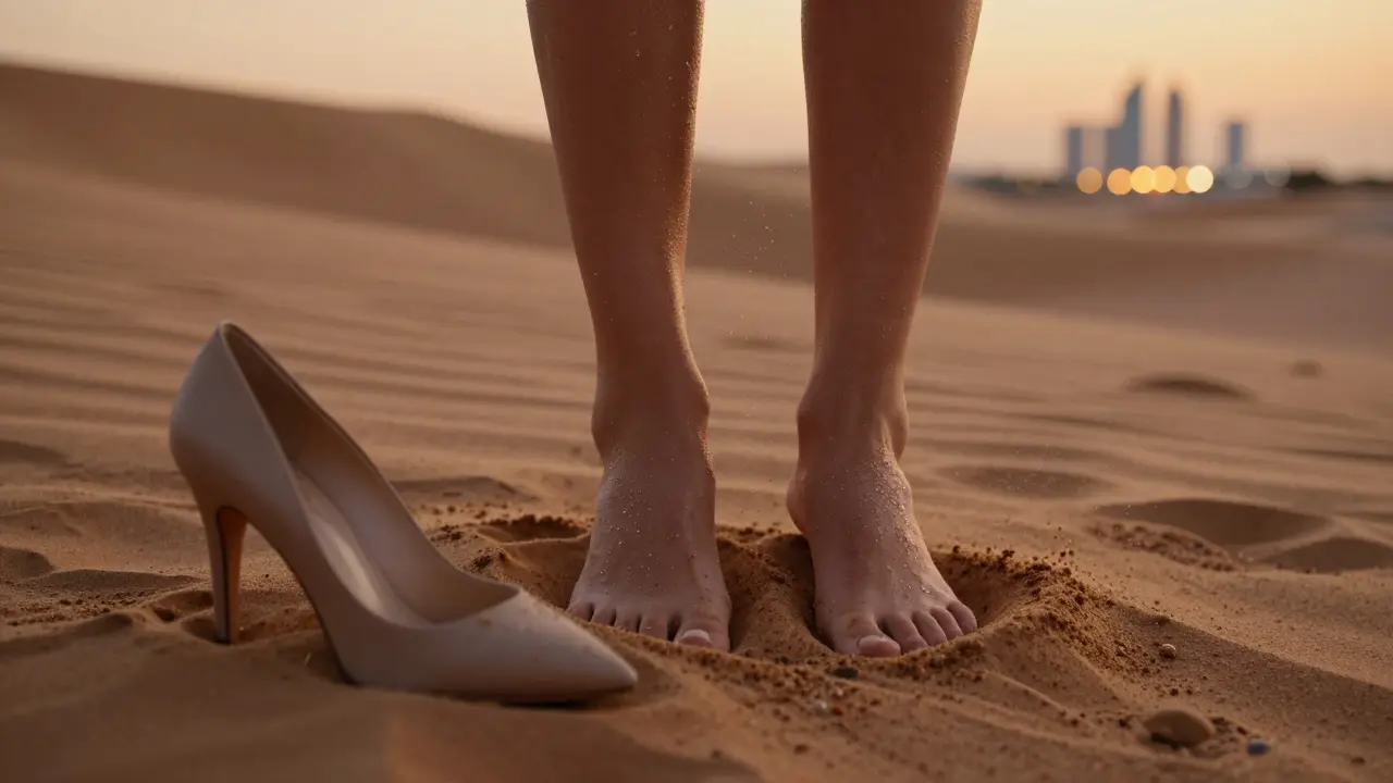 Bare feet sinking into desert sand at sunset, one high heel half-buried nearby, golden light highlighting grains and sweat on skin.