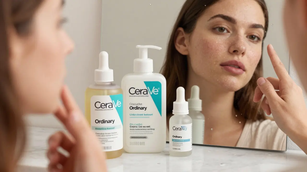 Beauty products beside a mirror reflecting a model's real skin with acne, symbolizing authenticity in skincare.