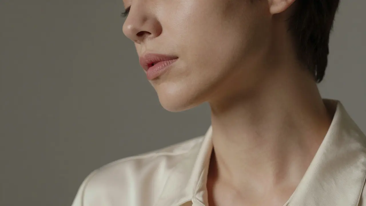 Close-up portrait with soft side lighting, relaxed expression, silk blouse catching gentle shadows.