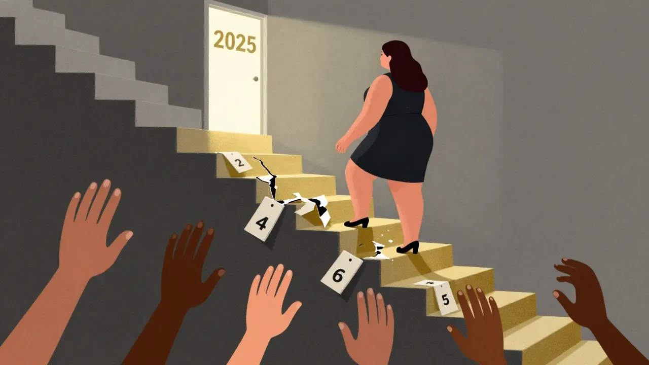 Conceptual graphic of a plus size model climbing a staircase made of broken size tags toward a glowing door labeled &#039;2025&#039;.