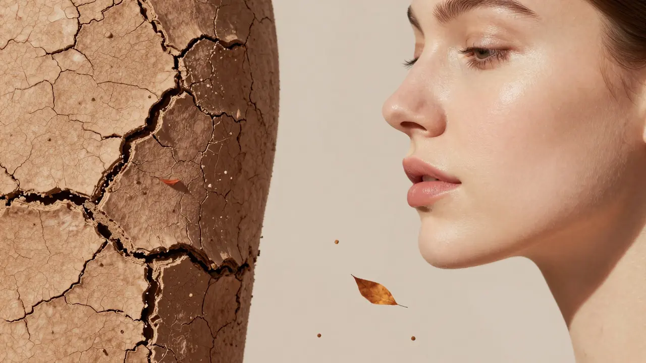 Contrasting images of dull versus glowing skin with exfoliated particles floating away