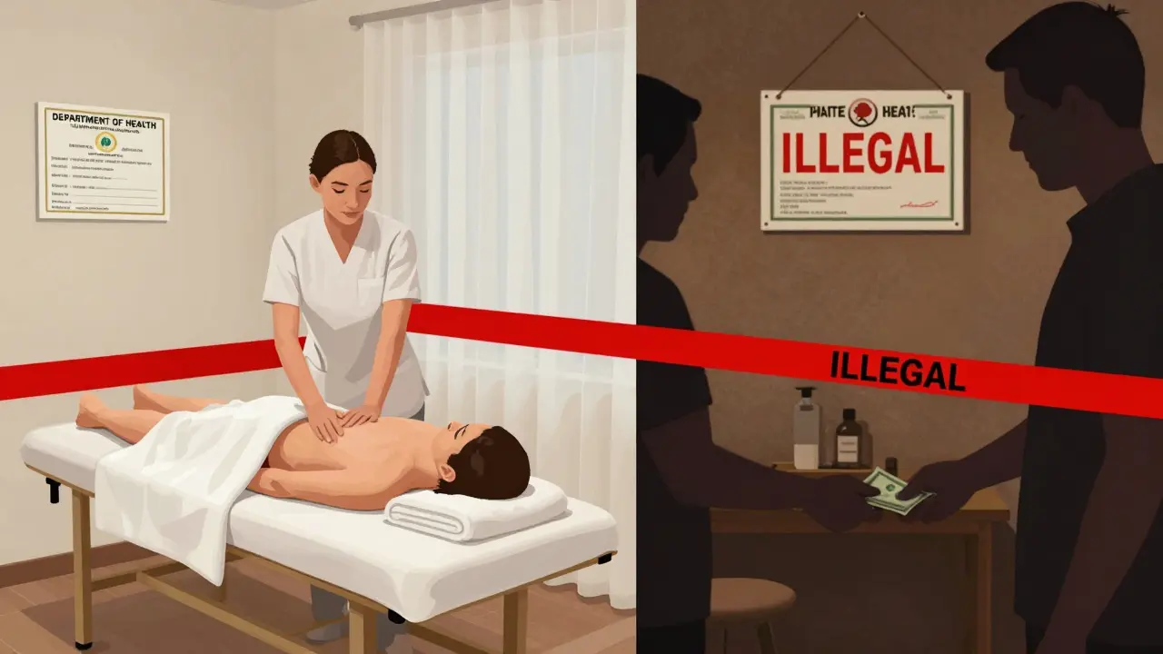 Contrasting scenes: a licensed, professional spa on the left and an illegal, dimly lit apartment massage on the right.
