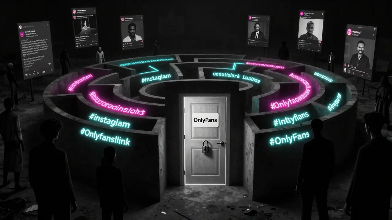 Digital maze of hashtags leading to a locked OnlyFans door, with global creators watching.
