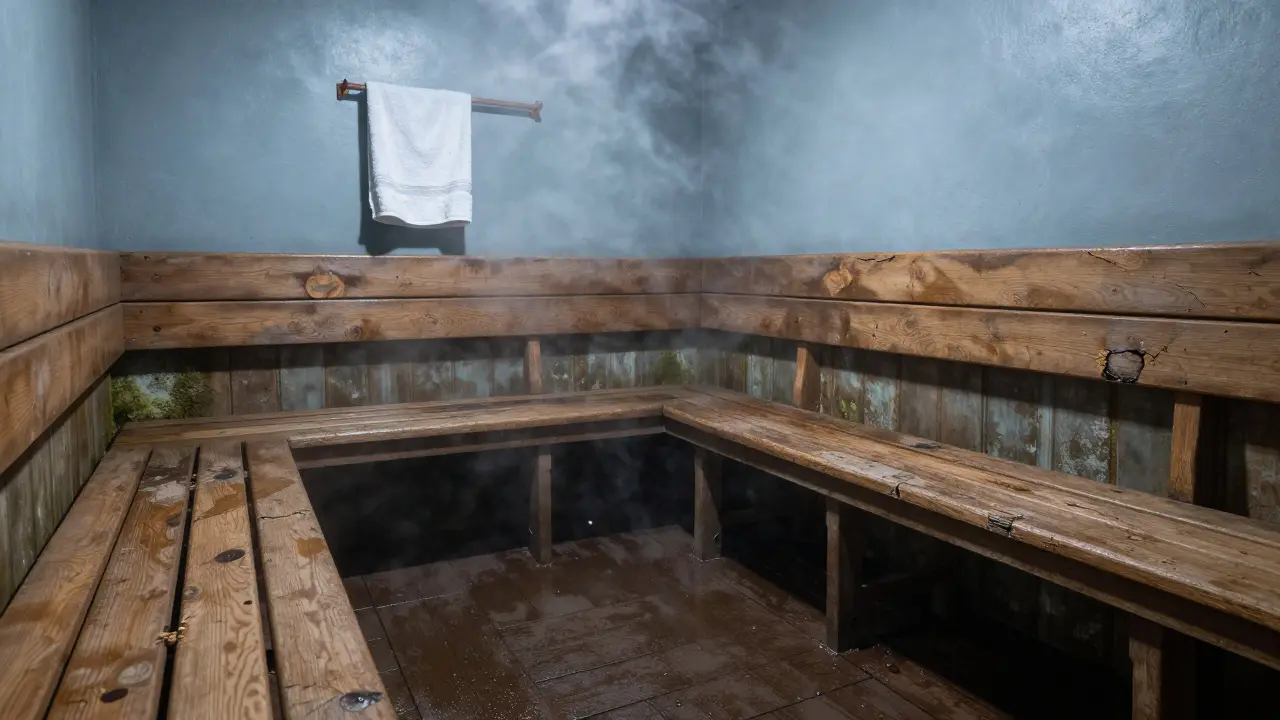 Dirty steam room with stained benches, mildew, and sticky floor under dim foggy light.