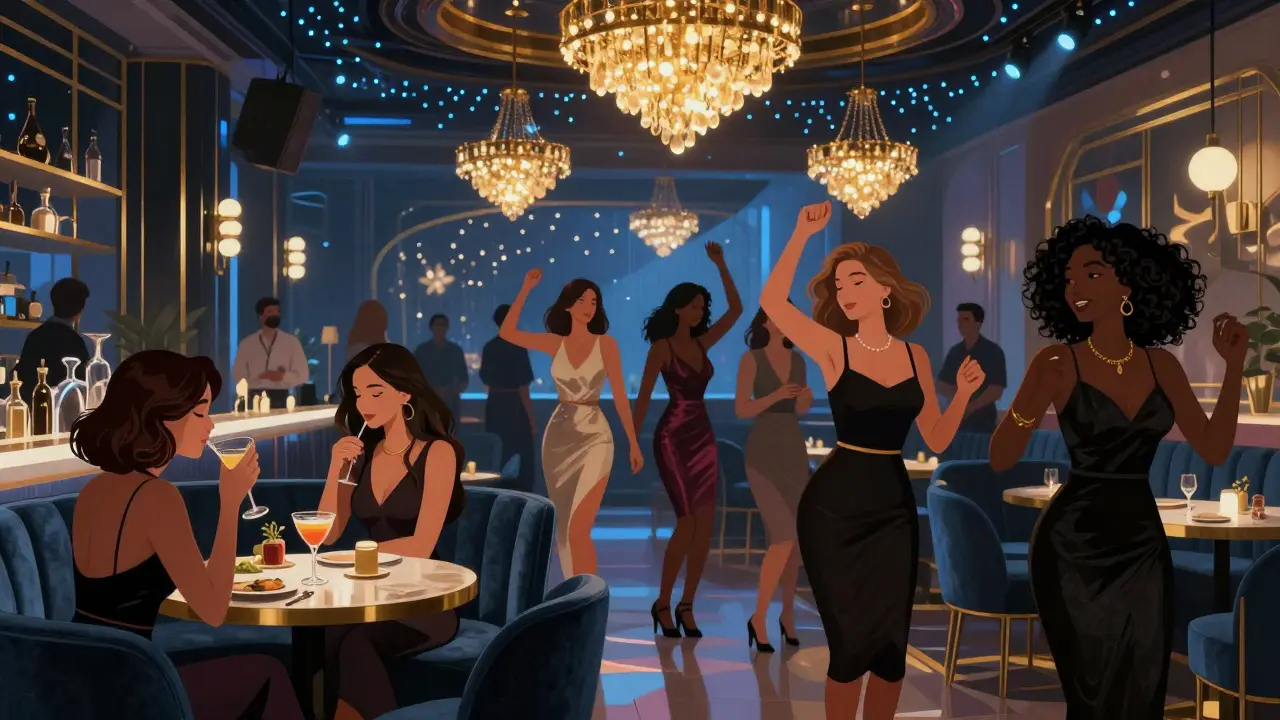 Diverse group of women dancing and socializing in a stylish Dubai nightclub with LED lights and velvet booths.