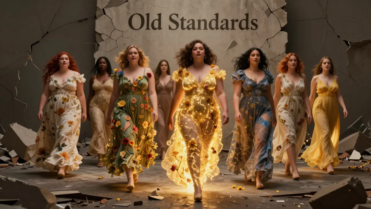 Diverse plus-size models walking through a breaking wall, transforming it into flowers and light.