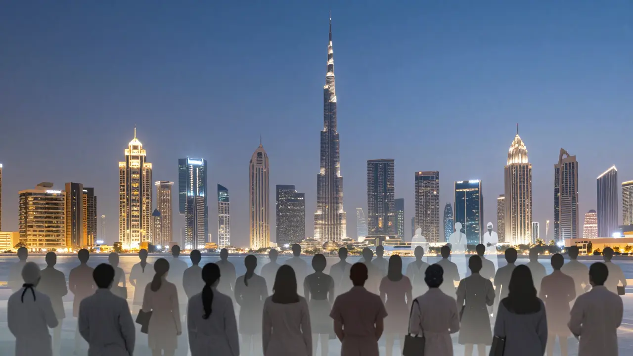 Dubai skyline with male massage therapists represented as 15-20% of silhouettes over key wellness locations.