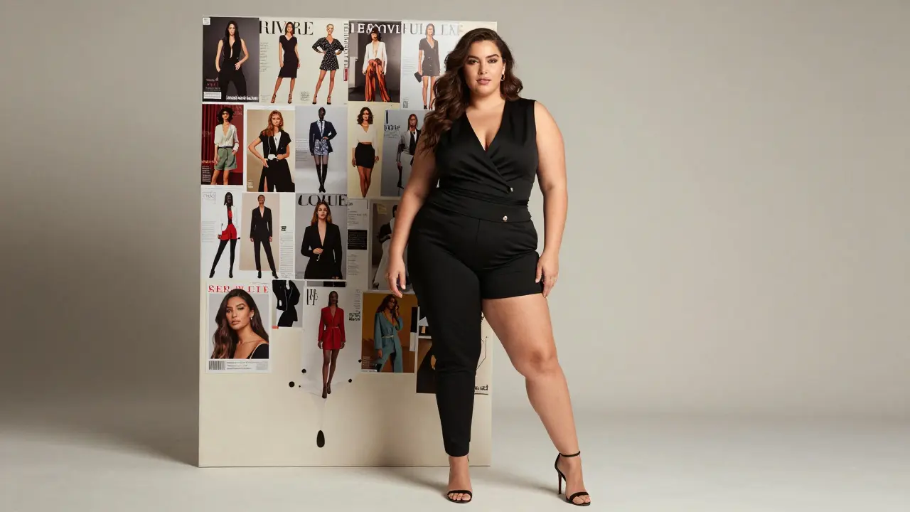 Editorial photo of a plus size model in high fashion attire, soft lighting emphasizing natural curves and skin texture.