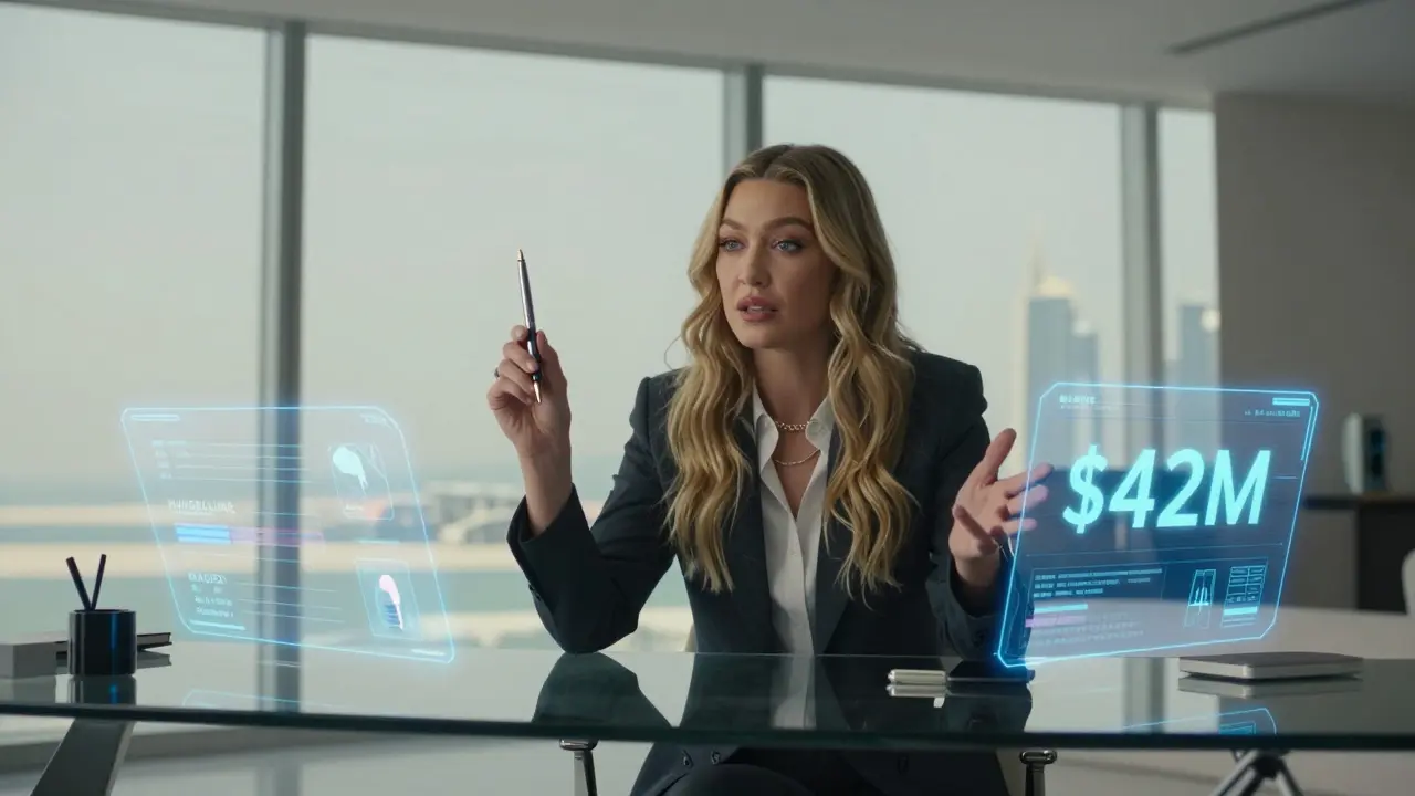 Gigi Hadid at a Dubai penthouse desk, holograms of her brands floating around her.