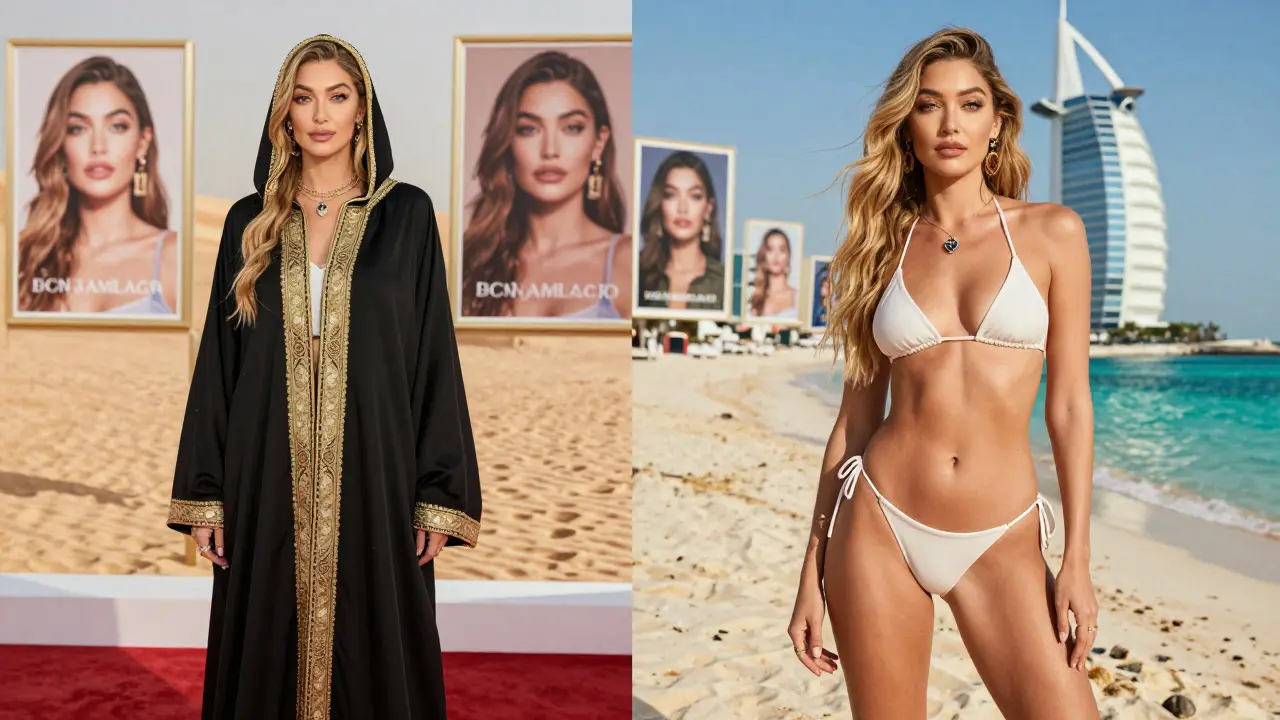 Gigi Hadid in two contrasting looks: abaya and bikini, with her billboards visible across Dubai.