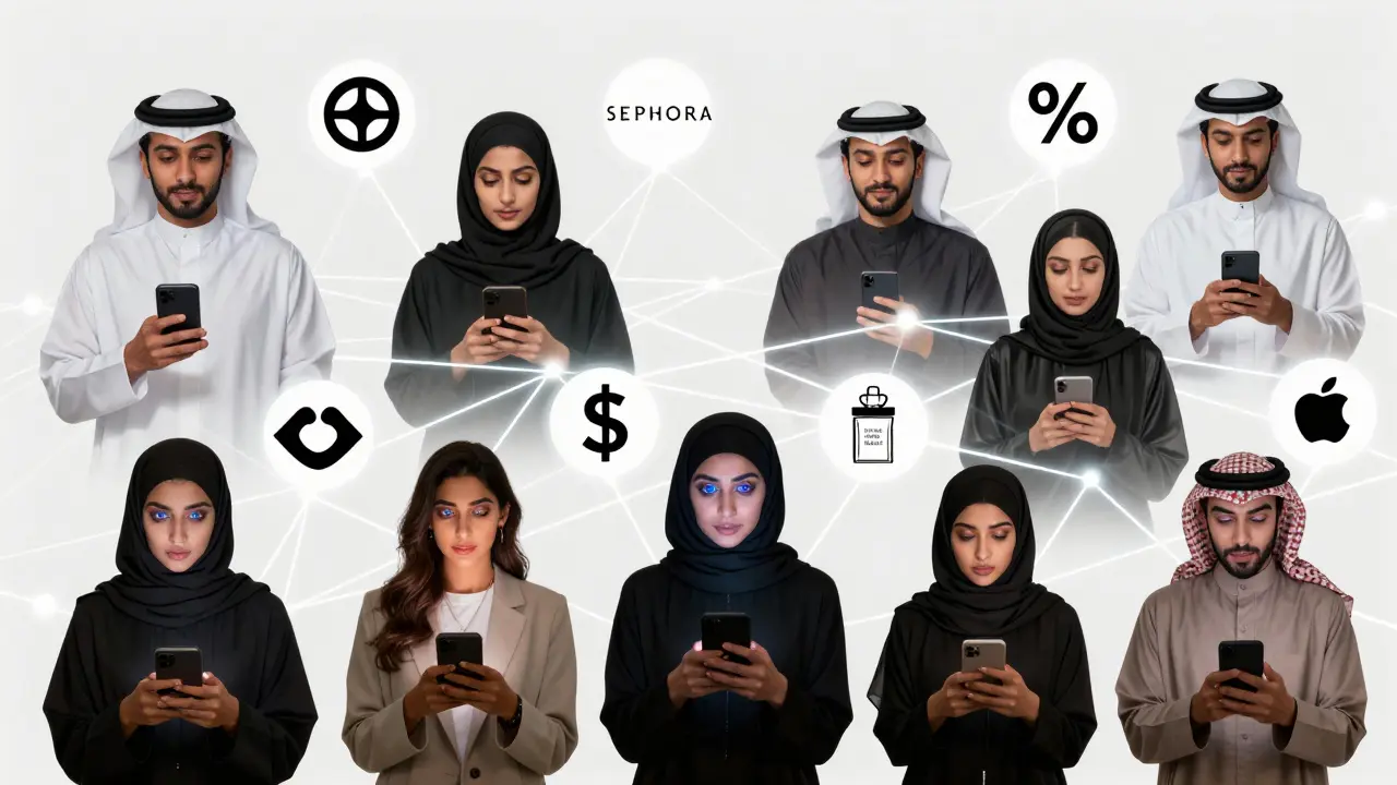 Glowing network of connections between Gulf influencers and global brands, symbolizing digital commerce and trust.