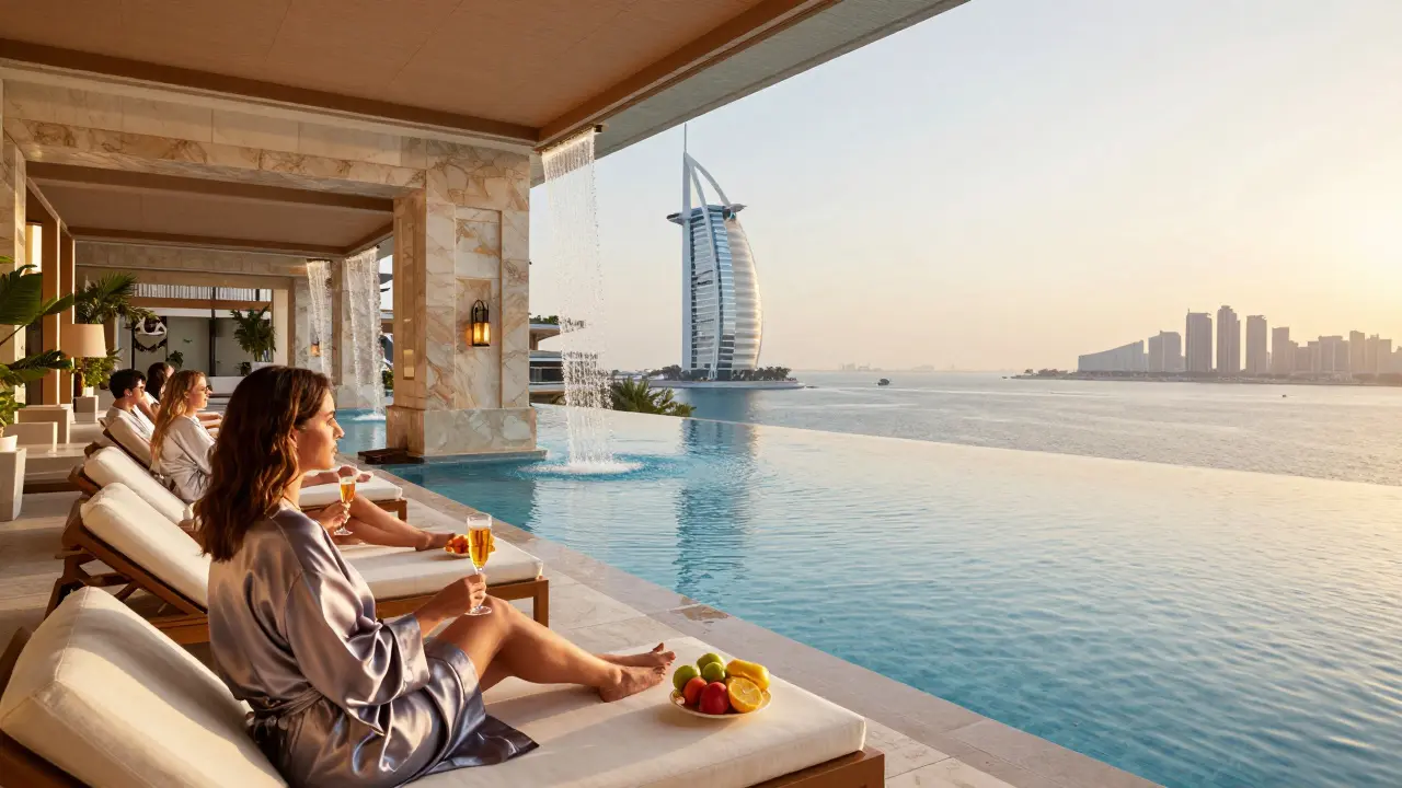 Luxury spa guests lounging by an infinity pool with ocean views in Dubai.