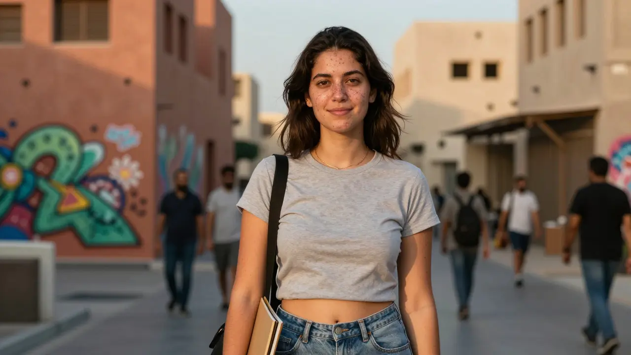 Model with natural skin texture stands confidently in Dubai&#039;s Alserkal Avenue, surrounded by street art.