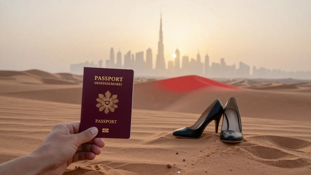 Passport and high heels on a desert dune at sunrise with Dubai skyline faintly visible in the haze.