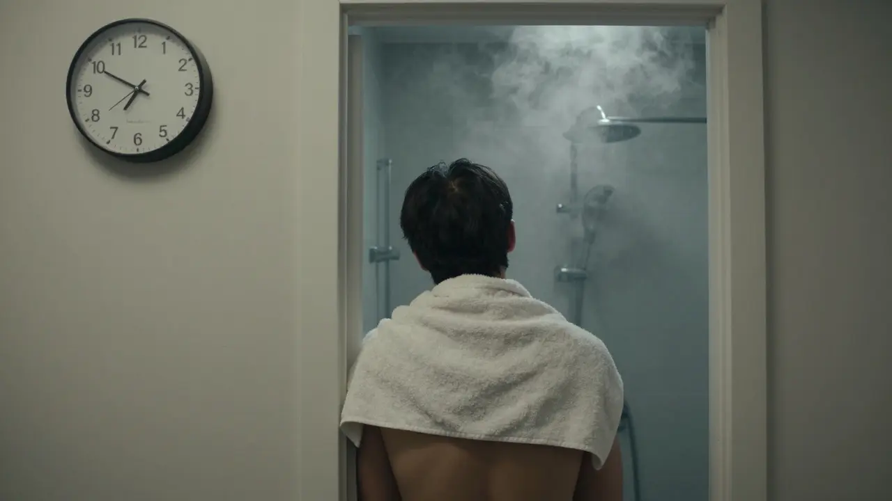 Person avoiding shower after cupping, clock showing 4 hours passed, towel wrapped for warmth.