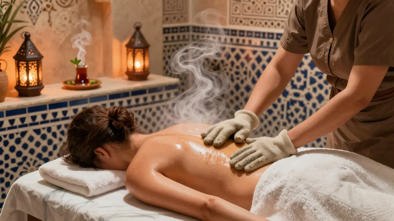 Person being scrubbed with a kessa glove in a Moroccan-style hammam, surrounded by steam and ceramic lanterns.