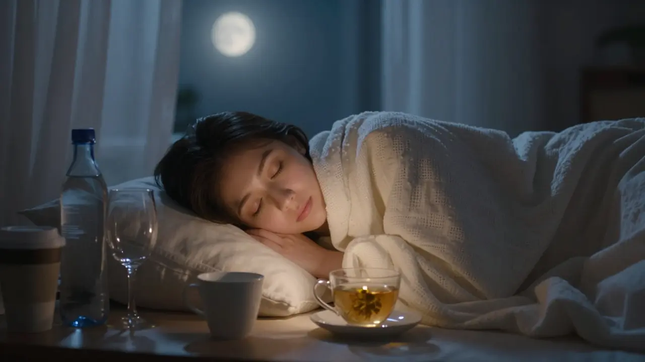 Person resting at night with covered cupped areas, water and tea nearby, peaceful moonlit room.